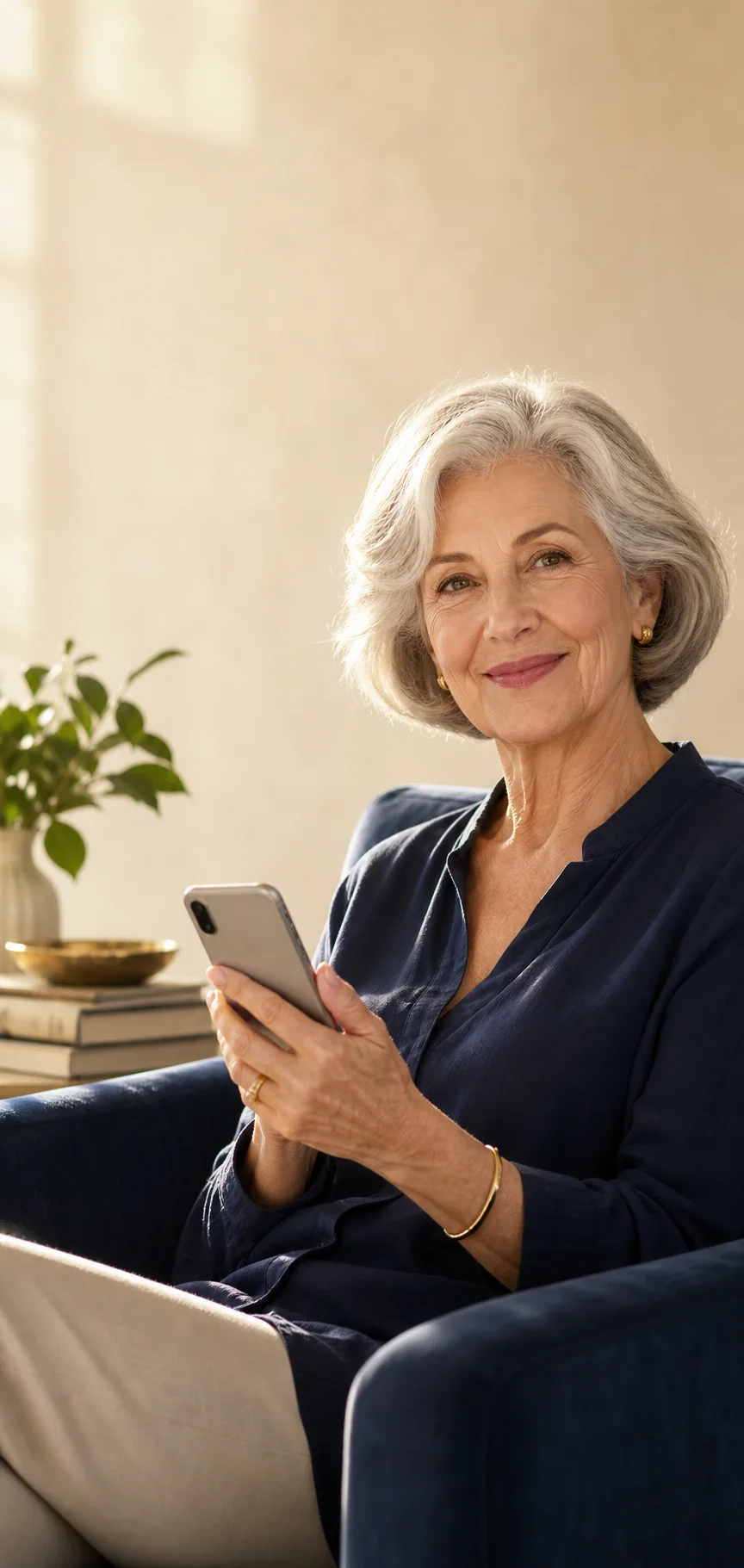 An older adult sitting comfortably in a sunlit room with a phone
